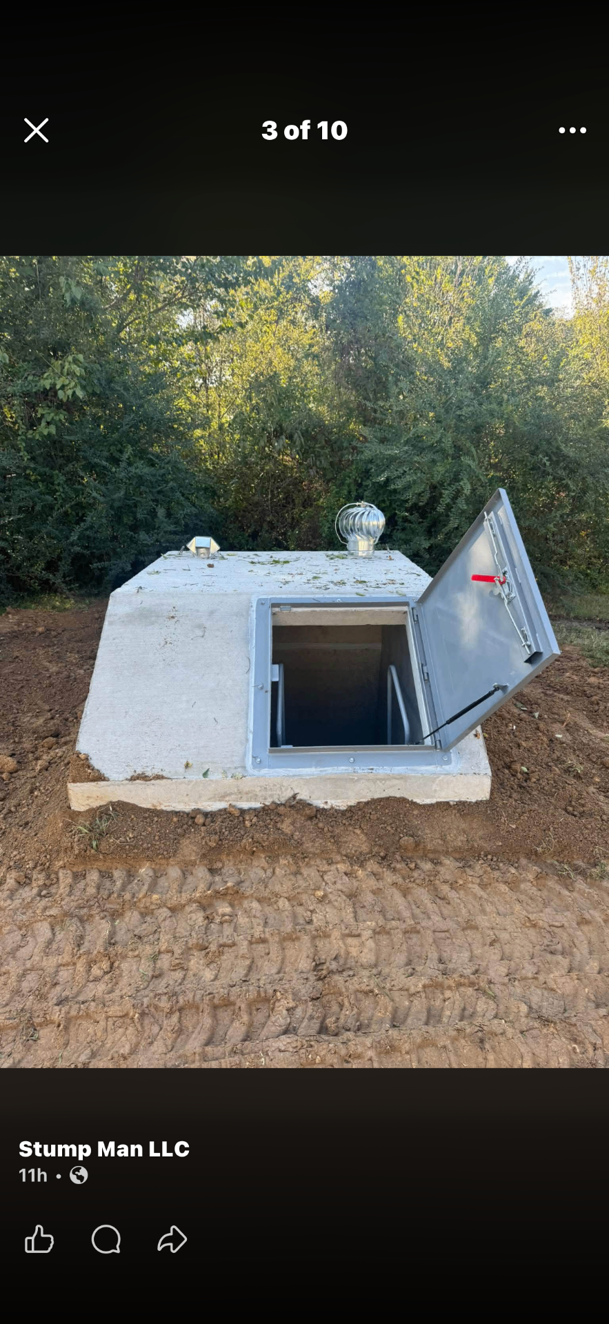 Above-ground concrete storm shelter installed by Stump Man LLC