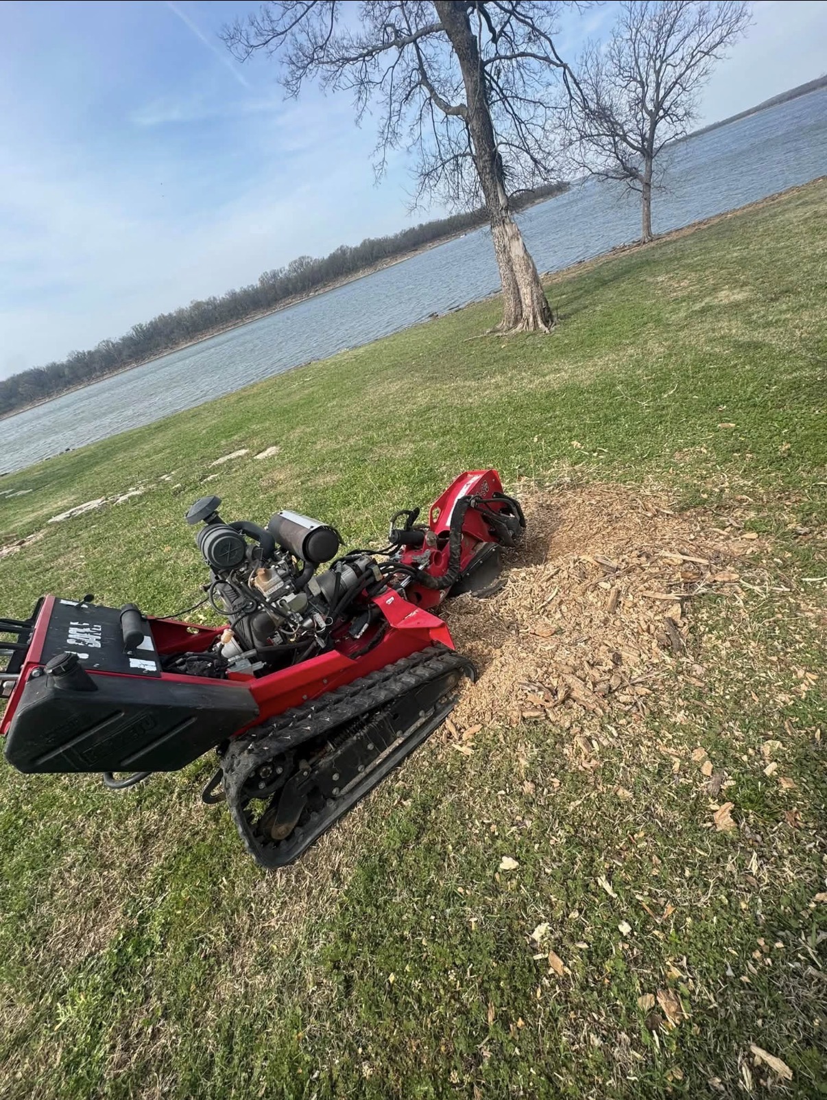 Stump Man LLC tracked stump grinder working lakeside on a fresh stump with a pile of wood chips